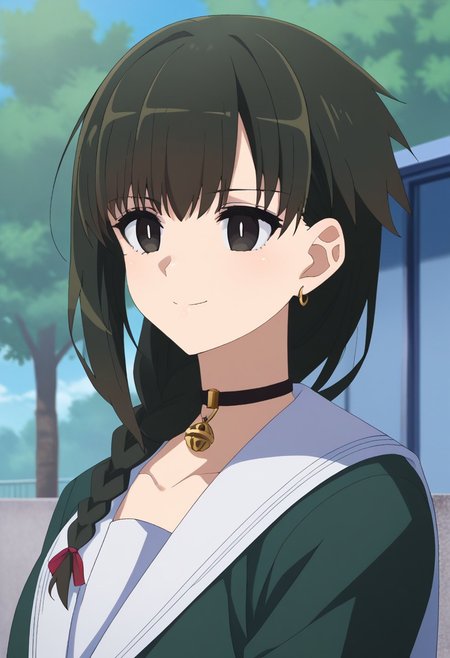 score_9, score_7_up, source_anime, 
yokoya, 1girl, solo, black eyes, black hair, braid, hair over shoulder, chocker, black chocker, bell, jewelry, earrings, school uniform, serafuku, jacket, black jacket, portrait, smile, closed mouth,
outdoor, sky, tree, cloud,