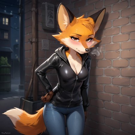 furry, solo, fox ears, brown eyes, breasts, blue jeans, black leather jacket,  score_9, score_8_up, 1girl, 18 year old, an unlit dark alley at night in the city, dark, closed mouth, smokes, Looks at the viewer, drunk, Tired look, He leaned against the wall