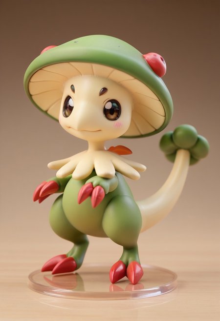 score_9, score_8_up, score_7_up, score_6_up,anime, 1girl, solo, Breloom, Pokemon (creature), green body, mushroom head, two claws, tail. Chibi