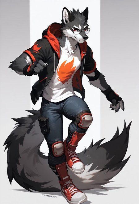 score_9, score_8_up, score_8, 1boy, anthro, black and white furr male wolf, red eyes, solo, male , fluffy long tail, black jeans, T-shirt, hooded windbreaker,  knee pads and greaves, fingerless gloves, sneakers , glasses on the eyes , black nose