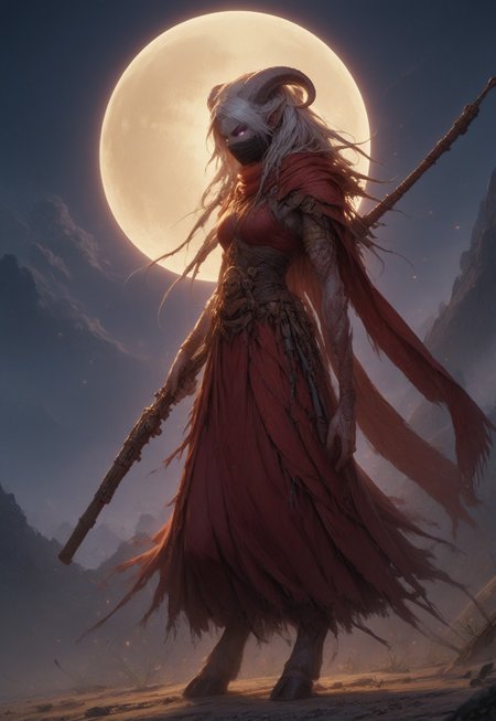 (absurdres, best quality, masterpiece:1.4), score_9, score_8_up, score_7_up, score_6_up, detailed, detailed body, detailed face, world of warcraft, fantasy, <lora:add-detail-xl:1.5>, 

fFaceDetail, SkinDetail, ((female, draenei, tall, athletic arms, pale white skin, smooth skin, long white hair, purple eyes, no pupil, no sclera, long white tail), (h0rns, ram horns, white horns), 
(long fingers, purple fingernails, purple nail polish)), 

(long loose red dress, simple armlet, black facemask, red silk scarf), GunMonk, shotgun, holding shotgun,

full body, side view

outdoor, evening, mountains, moon