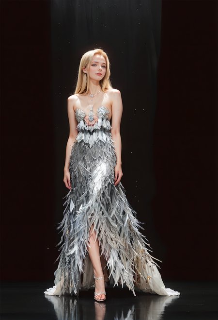 score_9,score_8_up,score_7_up,8k,hd,1girl,solo,,ruanyi0686,bare shoulders,dress,blonde hair,very long hair,jewelry,necklace,full body,T stage,<lora:0686 metallic feather dress_v1_pony:1>