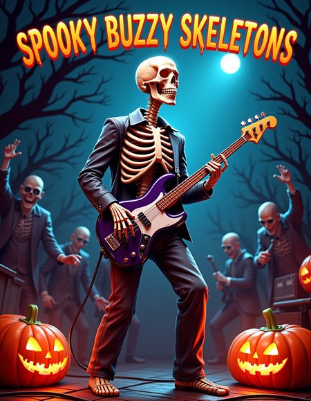 skeleton playing bass guitar on stageduring spooky cincert with webs and pumpkins , at top of image text "Spooky Buzzy Skeletons", <lora:flux\Textimprover-FLUX-V0.4.safetensors:0.8:0.8>