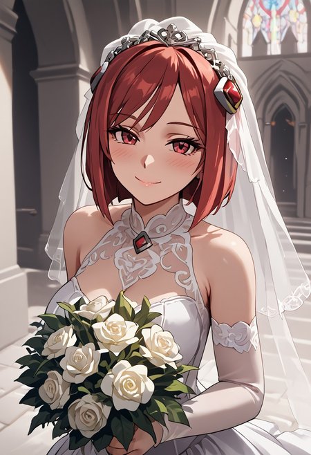 score_4,score_5,score_6,score_7_up,score_8_up,score_9 ((masterpiece,best quality,ultra detailed,highres,HD,4k:1.2)), 
1girl, solo,solo focus,girl focus,face focus,
red hair,red eyes,short hair,hair ornament,large breasts,
((wedding dress, wedding veil:1.1)),bouquet, wedding ceremony, church,
looking at viewer,happy,light smile,blush,closed mouth,