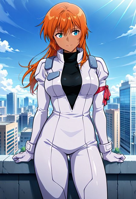 ((masterpiece, absurdres)), best quality, amazing quality, newest, 4k, anime coloring, very aesthetic, ray tracing, Smooth Quality, CG,city view,Francesca, 1 female, orange hair, long hair, blue eyes, dark skin, pilotsuit, turtleneck t-shirt, arm ribbon,gloves