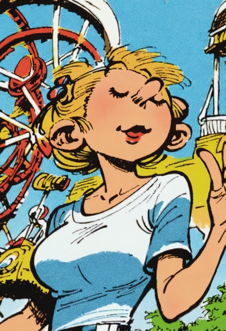 score_9, score_8_up, score_7_up, 1girl, large_breasts, mature_female, portrait, solo, looking_at_viewer, open_eyes, Dancing with arms out to the sides, atmospheric_perspective, (Light blue hanten), hair flaps, chignon, Strawberry Blonde hair, ferris wheel, cropped_arms, rating_safe, <lora:pony\artist_styles\franquin_pony:1.0>