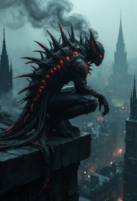 horror show, monster, nightmare, fear, 
A dark, humanoid figure with glowing red streaks and sharp, elongated spikes protruding from its back. The figure is perched on the edge of a high structure, overlooking a misty cityscape with various architectural buildings. The atmosphere is eerie, with a smoky aura emanating from the figure, blending with the misty backdrop.
