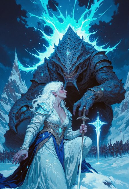 A hyper-detailed, cinematic dark fantasy scene presents the Moonlit Duchess, an ethereal beauty with porcelain skin and a cascade of shimmering white hair adorned with icy sapphire pins. She wears a regal, silver-threaded gown that gleams like woven moonlight, the bodice embroidered with constellations that shift as if alive. Her piercing ice-blue eyes glow in the twilight, exuding wisdom and quiet menace. The frozen tundra stretches endlessly behind her, jagged glacial spires rising into the storm-laden sky, crackling with raw elemental power. At her side looms the Frost Titan, an enormous, hulking beast of living ice, its body covered in jagged crystalline armor, its breath forming thick clouds in the frigid air. Its deep, resonant growl reverberates through the landscape as it kneels before the Duchess, awaiting her silent command. In the distance, a legion of shadowed figures marches through the snowdrifts, their glistening blades reflecting the cold fire of the aurora above. The battle for the frozen kingdom is about to begin.