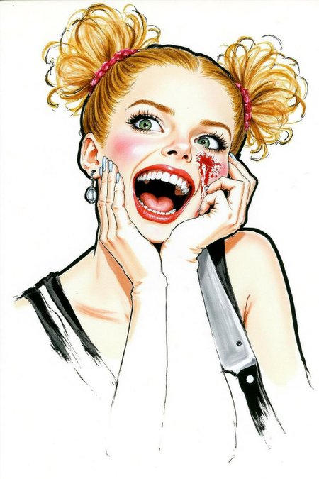 regr1 sketch 1girl, half body portrait of toga himiko, teeth, open mouth, blood on face, smile, double bun, crazy eyes, She is holding kitchen knife in her left hand,. Her right hand is on her cheek,  <lora:regr1_fashion_nocap_d6a3:1.0><lora:807335388143386102:0>