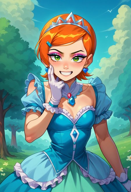 score_9, score_8_up, score_7_up, source_anime , 1girl, gwen tennyson (/Ben10)/, bright orange hair, short hair, (green eyes), girly twintails, masterpiece, best quality, absurdres, (pastel theme) magical girl, blue latex frilly bell skirt, magical girl dress, madoka dress, pastel colors, kawaii, frilled skirt, thighhighs, puffy dress, puffy short sleeves, gloves, tiara hairband, gem brooch, bow, ribbons, lace trim, frills, frilled fabric, sparkles, glitter,
lipstick, long eyelashes, eyeshadow, eyeliner, mascara, makeup,  
outdoors, nature, clouds, heart earrings, heart accessories, jewelry, frilled boots, solo, cowboy shot, dynamic magical girl pose, v, grin, hand on own cheek
