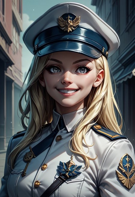 PonyXLV6_Scores BREAK  MiskyPie, 1girl, solo, hat, blonde hair, smile, long hair, upper body, uniform, grey eyes, cinematic angle, cinematic lighting, source_anime,