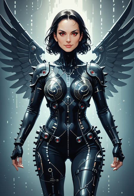 score_9, score_8_up, score_7_up, 
codeandigital, matrix, matrix codes, ai, ai consciousness, digital world, digital, science fiction, cyborg woman, mask, armor, spiked mace weapon, black sharp metal bladed wings, solo, shoulder armor, jet black hair, red eyes, smile, pauldrons, looking at viewer, action pose,