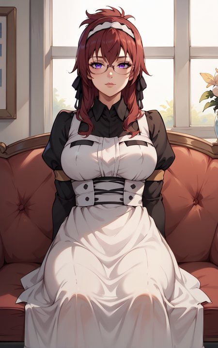 score_9, score_8_up, score_7_up, BREAK 
MaidOutfit_LiliaGreyrat_ownwaifu, 
1girl, folded ponytail, glasses, hair between eyes, hairband, long hair, purple eyes, red hair, semi-rimless eyewear, sidelocks, under-rim eyewear, white hairband, bangs, hair ribbon, large breasts, mature female,
black dress, collared shirt, juliet sleeves, long dress, puffy sleeves, white apron, long sleeves, maid, maid apron, black ribbon, black sleeves,
(sitting, spread legs), arms behind back, couch, window shade, indoors, <lora:PONYXL_MushokuTensei_LiliaGreyrat_ownwaifu:0.95> , depth of field, solo,