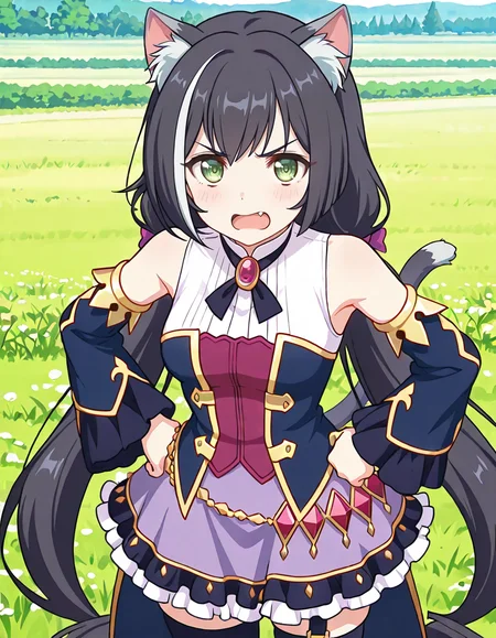 (karyl (priconne),streaked hair,multicolored hair,black hair,white hair,very long hair,low twintails,bangs,purple bow,green eyes,fang,cat girl,animal ear fluff,cat ears,cat tail,sleeveless shirt,long wide frilled detached sleeves,bare shoulder,purple frilled skirt,black thighhighs,1girl,frown,anger,open mouth,hands on own hips),day,meadow,
looking at viewer,
smile,
medium breasts,
perky breasts,realistic proportions,natural looking breasts,explicit,hair between eyes,strong outlines,clean lineart,harsh lines,slim,curvy,(narrow waist:0.1), wide hips,thick thighs,detailed body,skindentation,matte skin,smooth skin,deep skin,soft brightness,detailed mouth,kawaii,moe face,
(anime screencap),(anime coloring:1.2),anime style, Japanese anime, cel-shading, clean lineart, vibrant colors, sharp facial features, 2D illustration, anime screencap style,anime background scenery,detailed linework,intricate details,(masterpiece,best quality,amazing quality),IllusP0s,(very aesthetic,absurdres:1.2),16k,highres,perfect hands,five fingers,detailed hands,
 <lora:ããªã³ã»ã¹ã³ãã¯ãReDiveã­ã£ã«illustriousPrincess_Connect_ReDivekarylillustrious:1:0.8>