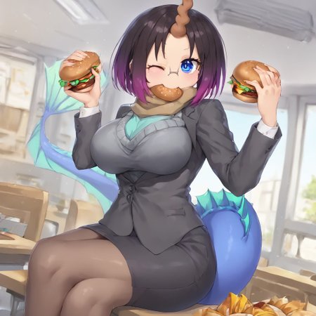 score_9,score_8_up,score_7_up,<lora:elma_(maidragon)_pony:1>, elma_\(maidragon\), masterpiece, highest level of quality, solo,1girl, dragon girl, Elma, office suit, formal, suit, glasses, tail, single horn, shiny skin, sitting at table, big breasts, happy, exited, foodporn, eating hamburger, <lora:_sdxl-dokaguiburger-pony.safetensors:0.6>, windows, detailed food, office breakroom, back view, dutch angle, looking away from viewer, sauce spilling everywhere
