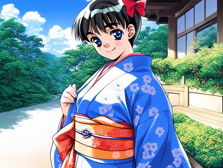 score_9, score_8_up, score_7_up, source_anime, rating_explicit, BREAK <lora:Shinohara_Izumi_XL:1>Shinohara_Izumi, black hair, blue eyes, short hair, bangs, small breasts, 
1girl, japanese clothes, solo, kimono, outdoors, looking at viewer, floral print, sash, obi, smile, day, 
hair bow, red bow