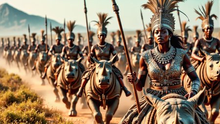 Real photograph of an army of African warrior women,  black skin, Nubian, beautiful, breathtaking,  athletic, (small breasts:1.4),  earrings, necklace, wrist bands,  dangerous, fierce, determined, battle hardened,  mounted atop angry and ferocious rhinoceros,  cavalry charging into battle with spears ready to impale, shields and spears bearing war decorations,  fierce angry painted faces full of rage, yelling fierce war cries,  African Savannah with mount Kilimanjaro in the background,  intricate details, masterpiece, elegant, complex patterns,  (full body shot from head to toe:1.6),  dramatic and dynamic morning lighting, intense atmosphere,  <BaroqueColorful:0.72>