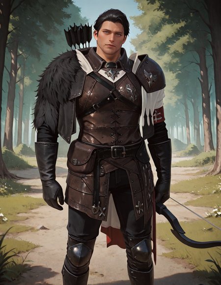 cinematic_depth, 8k, soft_lighting, warm_glow, ultra_high_quality, masterpiece, best quality, newest, perfect quality, intricate details, detailed background, male focus, realistic, solo, <lora:Throne and Liberty - Robert - Illustrious-000005:0.7>, tl_robert, 1boy, mature male, stubble, black hair, grey eyes, leather armor, fur-trimmed pauldron, side cape, leather gloves, leg armor, leather boots, outdoors, colorful forest, green trees, grass, plants, looking at viewer, head tilt, holding bow (weapon), quiver (arrow)
