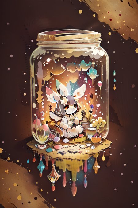 fairy in jar, 1girl, fairy wings, blushes, open shoulders, morning, small breasts, (black hair, messy hair), bunny ears, bright colors, watercolor art style, (2d, art),  <lora:GoodHands-vanilla:1>,  <lora:Loraeyes_V1:1>,  <lora:Jar_v1_LORA:1>,  <lora:more_details:-0.5>,  <lora:cute00d:1>