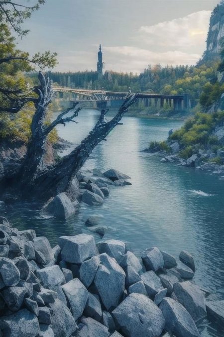 (Realistic:1.5) EdobLandscapeAlpha , outdoors, thorns, signature, blue theme, evening, alien, bridge, solo, rock, forest, <lora:EdobLandscapeAlpha_v1.0:0.8>