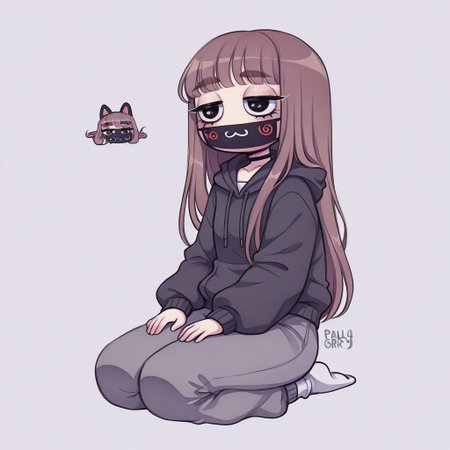Paula,1girl,Brown hair,mask with :3 symbol,choker,bangs, hoodie,baggy gray pants,white socks,Long hair
seiza