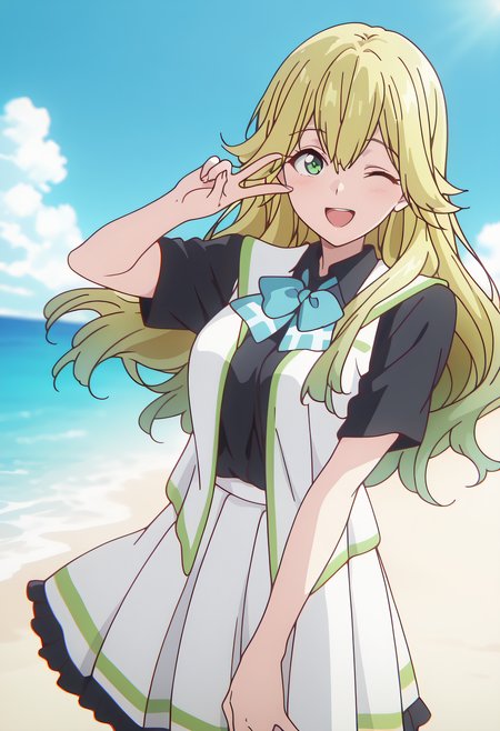 masterpiece, best quality, amazing quality, very aesthetic, absurdres,

1girl, solo, Beach Angels B, long hair, green eyes, multicolored hair, gradient hair, blonde hair, green hair,

school uniform, black shirt, white vest, short sleeves, blue bowtie, white skirt, pleated skirt, frilled skirt, 

Looking at viewer, smile, :D ,

anime coloring, v hand, v,  wink, 

At beach, dof, sun ray, dof, sands, sea, sky, blue sky, cloud,

anime coloring, 

kyoto animation,
