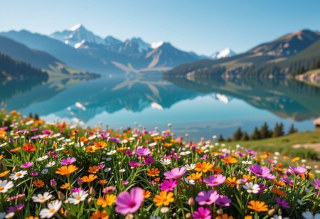 Beautiful summer meadow full of tiny colorful flowers, leading down to a crystal blue lake surrounded by snow capped mountain peaks, This picturesque scene is beautifully mirrored in the tranquil waters of the lake, in the distance layers of mountains strech to the horizon in shades of blue, mysterious fog envelops the landscape, adding depth and atmosphere to the composition, ultra-detailed, hyper-detailed, ambient lighting, volumetric lighting, (masterpiece), (Amazing quality), (phenomenal aesthetic), cinematic moment, 8K<lora:FLUX_Ghibsky_Illustrations.safetensors:0.8:1.0>
