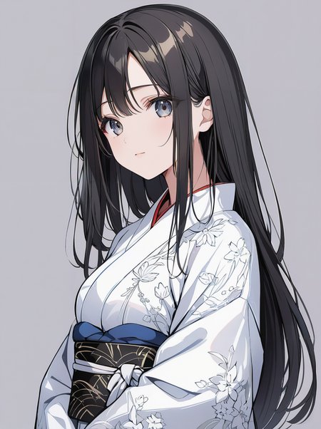 masterpiece,ultra-detailed,best quality,8K,illustration,cute face,clean skin ,shiny hair,girl,middle breasts,ultra-detailed-eyes,simple background, <lora:add-detail-xl:1>  <lora:straight hair_XL_V2.0:0.7> straight hair;black hair,kimono