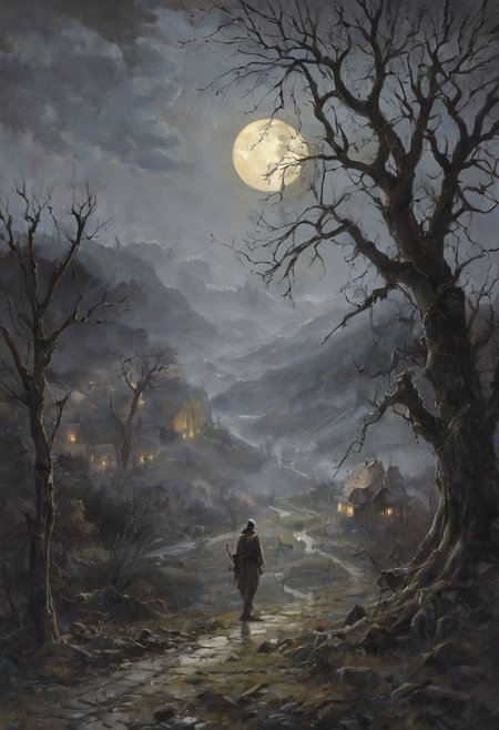 On a desolate hill, overlooking a far-off village, stands a solitary tree, its branches twisting and reaching toward the full moon hanging ominously in the darkened sky. The wind howls mournfully through the barren branches, carrying with it a sense of foreboding that chills the air. Below, the village lies shrouded in darkness, its silent streets bathed in the eerie glow of the moonlight. There's a sense of isolation and unease as the tree casts long, sinister shadows across the landscape, its presence looming ominously over the unsuspecting village. Despite the beauty of the moonlit scene, there's an underlying tension that permeates the air, as if something sinister lurks just beyond the edge of sight. In this haunting image, the tree stands as a silent sentinel, its gnarled branches a stark reminder of the darkness that lies in wait beneath the full moon's watchful gaze., moonlit night.romantic impressionism, dream scenery art, beautiful oil matte painting, romantic, style of thomas kinkade, beautiful digital painting, anime landscape, romantic painting, thomas kinkade style painting, dreamlike digital painting, colorful painting, beautiful gorgeous digital art, style thomas kinkade