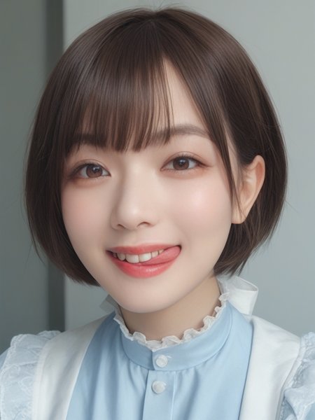 score_9, score_8_up, score_7_up, high quality, masterpiece,
Hight detail RAW color photo, professional photograph, 
Cinematic Light, (Composition from the waist up:1.3),
japanese girl with short bob hair, Brown eyes, evil grin,
She is wearing a Light blue maid outfit with frills,
sticking out side tongue, peromilk <lora:peromilk:0.8>