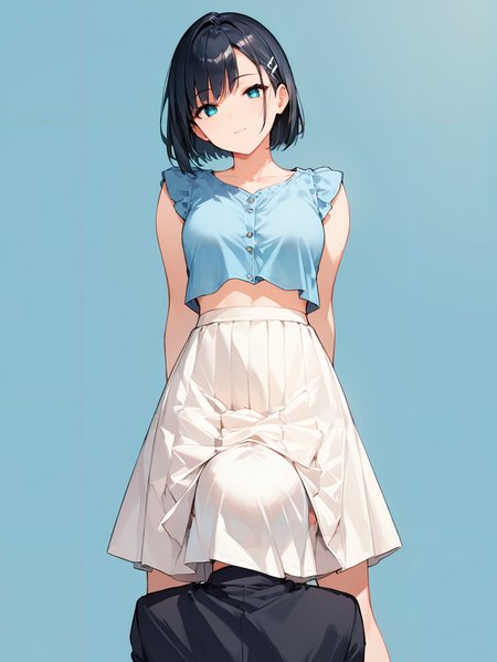 score_9, score_8_up, score_7_up,source_anime, high res image,masterpiece,best quality,(girl:1.0),cute face,clear skin,shiny hair,ultra detailed eyes,simple background, <lora:cunnilingus under skirt_pony_V1.0:0.8> cunnilingus under skirt, skirt, 1boy, standing