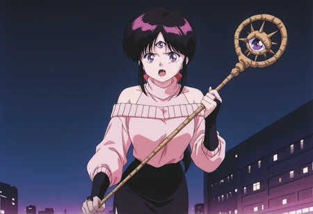anime screenshot, anime screencap, anime coloring, retro artstyle, 1980s \(style\), 1girl. black hair, parted bangs, long hair, sidelocks, low ponytail, hair bow, third eye, purple eyes, sweater, bare shoulders, open mouth, fang, bare shoulders, pencil skirt, bridal gauntlets, holding staff, outdoors, city, night, lights  <lora:Pai_3x3_eyes:1>, masterpiece, best quality, amazing quality, very aesthetic, absurdres, highres, newest