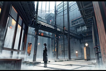 highly insanely detailed, masterpiece, top quality, best quality, highres, 4k, 8k, RAW photo, (very aesthetic, beautiful and aesthetic),  
tsutomu nihei,nihei_tsutomu,blame!,blame gakuen!,abara,TNstyle,sidonia_no_kishi,fence,light particles,wire,dome,concrete walls,metal walls,lantern,letterboxed,bridge,cables,tubes,industrial pipes,clouds,star \(sky\),starry sky,machinery,walkway,tentacles,mist,foggy,fog,toha heavy industries,dark sky,black sky,drainpipe,air conditioner, 
<lora:blameLora_v10:0>, 
(1girl:1.3), 
solo focus, 
Chinese calligraphy in background,âââ