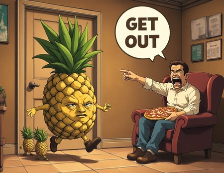 egmid, A sad pineapple followed by baby pineapples on the left with eyes looking back and runs sadly out of the door. On the right, a screaming man with a pizza on an armchair says "GET OUT!" in a speech bubble and points to the door, single image <lora:FLUX_MidJourney_Anime:1>