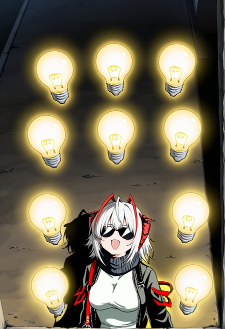 1girl,(sho \(sho lwlw\):0.7),(toosaka asagi:0.5),(sincos:0.3),solo, masterpiece, best quality, newest, absurdres, CG, anime, source anime, illustration, w(arknights),red horns,white short hair,black jacket,white shirt,black sunglasses,sunglasses covering eyes,large breasts,arms at sides, idea light bulb,many idea light bulbs, <lora:idealightbulb_Illust_v1:0.8> from above, panorama shot, looking up,strong light,yellow theme,underlighting,excited, at lighthouse, open mouth,smug