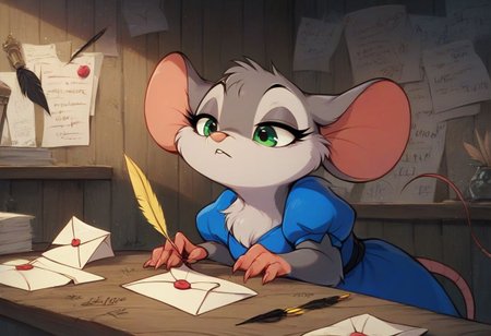 score_9, score_8_up, score_8, solo, (fluffy:0.8), (feral), indoors, furry, (((mouse))), female, green eyes, (gray fur:1.2), chest, claws, (fluffy cheeks:0.7), (blue dress), (solo:2), sitting behind counter, bored expression, (writing a letter, quill pen), upper body shot, cute, j_cartoon