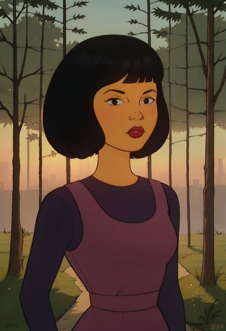 score_9, score_8_up, score_7_up, rating_safe, 1980s (style), retro artstyle
FA_Keiko_Imora, 1girl, black hair, short hair, bangs, brunt bangs, bob cut, lipstick, dark purple shirt, purple dress, 
solo, standing, upper body, outdoors, Dynamic pose, trees, sky, cowboy shot, looking at viewer