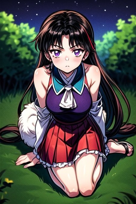 masterpiece,  best quality 1girl Setsun4 solo long hair,  (night time) forest background black hair very long hair purple eyes multicolored hair armor (fur trim) (medium body),<lora:EMS-179-EMS:0.800000>,<lora:EMS-293862-EMS:0.800000>ascot, bare shoulders, black footwear, detached sleeves, embellished costume, frills, japanese clothes, nontraditional miko, red skirt, sandals, sarashi, skirt, socks, armor, miko