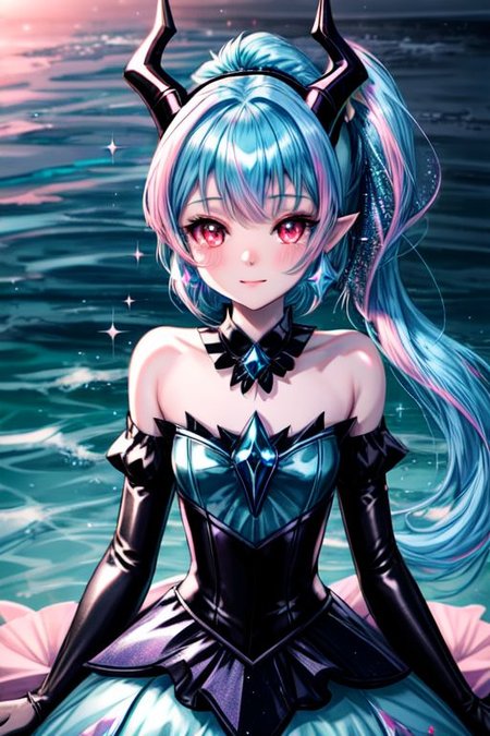EvlSM, DarkPrecure, Bad_End_Precure, professional image of a cute young woman, (frilly elegant glossy dark holographic dress, crescent brooch, crescent earrings, crescent accessories:1.2),
(blue water dragon horns, blue water dragon tail:1.3), (short hair, side ponytail, hair above cheeks, light blue hair with light pink hairtips, gradient hair, multicolored hair:1.4), red eyes, (small breasts, cute face, innocent, shy, pointy ears:1.1), (sparkles, sparkling clothes, sparkles near eyes:1.3),
(intricate aquatic background, underwater, sparkling water, ocean floor, corral reef, bubbles:1.2), 
(ultra wide angle shot, cinematic style, absurdres, incredibly absurdres, huge filesize, extremely detailed, High quality texture, physically-based rendering, Ray tracing, octane render, sharp focus, (8k), (4k), (Masterpiece), (Best Quality), extremely detailed, intricate, hyper detailed, illustration, soft lighting, high resolution, sharp detail,)