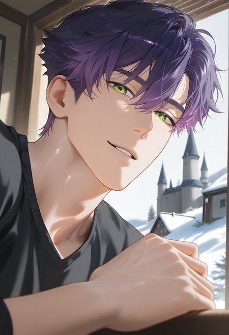 //General, masterpiece,best quality,amazing quality, source_anime, intricately detailed illustration, very aesthetic, absurdres, newest, anime coloring, subsurface scattering, , natural lighting, Expressiveh, detailed skin, shiny skin,aesthetics light, depth of field, vibrant colors,
//Fashion, black shirt, long sleeves, 
//Background, castle interior, indoors, snow background outside the window, 
//Others, 1boy, male focus, solo male, manly body, 
//Action, looking at viewer,  light smile, close up, upper body,
BREAK,
Woo Jio, Deep Purple Hair, Hair Between Eyes, Green Lime Eyes, Parted Lips