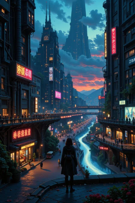 a futuristic sci-fi fantastic cyberpunk city beautiful  landscape, dusk, woman, very intricate, very detailed, sharp, bright, colorful, <lora:Hand v2:0.5> <lora:Anti-Blur:1><lora:Insane Detail Slider:0.25>  <lora:flux.1_lora_flyway_Epic-detail_v2:0.3> <lora:fluxenhancer:0.25> <lora:Anime_style:0.6> anime style