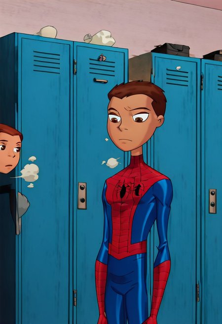 masterpiece,best quality, amazing quality, anime screencap, anime coloring, flatstyle, flat color, outlines, 1boy, fit, slim body, solo, male focus, P3t3r, 1boy, male focus, anime, brown hair, very short hair, brown eyes, Spiderboy, Bodysuit, Red Bodysuit, Blue Bodysuit, Cl4ss1c, superhero, bodysuit, spider web print, red bodysuit, blue accents, locker_room, foggy, steam,