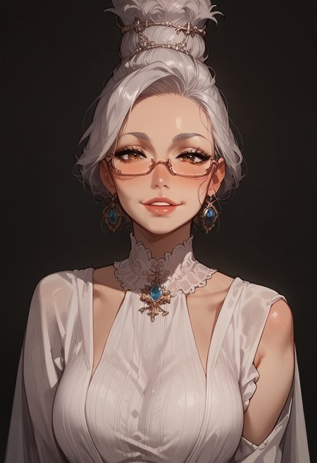 score_9, score_8_up, score_8. score_9, score_8_up, score_7_up, score_6_up, masterpiece, 4k, high quality, (best quality:1.1), ExpressiveH, close up
1girl, seiko ayase, mature female,grey hair, brown eyes,glasses,top knot, large breasts, blushing, looking at viewer, smiling, g0dd3ss, white dress
green background