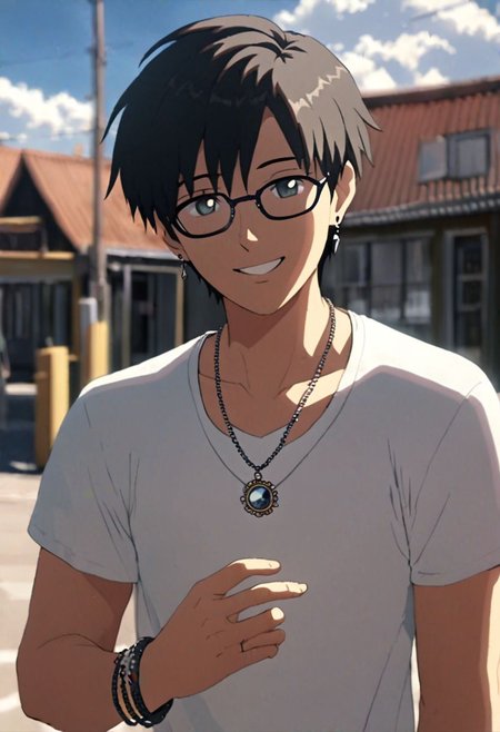 Highres, Masterpiece, High Quality, 4K, 8K, solo, 1Boy, Takaki Toono, adult, black hair, short hair, sunny, cloudy, posing, candid, sweet smile, photo model, earrings, necklace, bracelet, anklet, ring, fake glasses, easynegative, detailed_eye_model