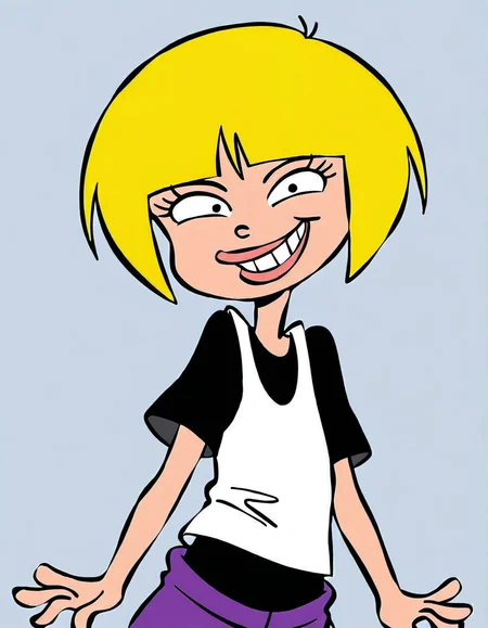 nazz,blonde hair, short hair, 1girl, shirt, solo,, pants, t-shirt purple pants,   <lora:NazzIllustrious1.0JLFO:1> simple background,, looking at viewer,upper body, grin,