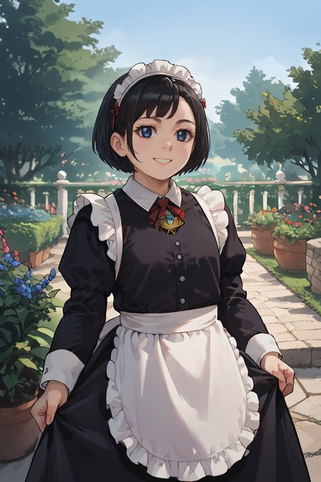 score_9, score_8_up, source_anime,
enonoka, blue eyes, short hair, black hair,
 maid, maid headdress, apron, black dress, skirt hold, smile, garden, standing
<lora:Smooth Style 2 SDXL_LoRA_Pony Diffusion V6 XL:0.8> <lora:enonoka:.9>
