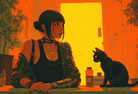 young woman with short, sleek black hair and bangs sits thoughtfully in front of a warm, glowing background of a sunlit room. Her attire is a mix of casual and futuristic, featuring a black top with cut-out shoulders and a black jacket, while her mechanical prosthetic arm hints at a cybernetic or sci-fi setting. 
a kitten is sitting  on table and lookin on Woman
She wears a gold pendant, . The room's warm orange tones from the sunlight, a visible plant, and furniture create a cozy yet fturistic atmosphere