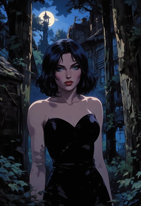 "A mysterious woman with short black hair, fair skin, and striking red lips stands in a dark forest, her gaze locked with the viewer. She wears a simple black dress, and the moonlight filters through the trees, casting dappled shadows across her face and body. Her expression is calm, with her head slightly lowered, and the light subtly illuminates her upper body. The scene is atmospheric, with the dark forest setting creating a sense of intrigue and mystery. The play of light and shadow adds depth, while the moon's glow enhances the ethereal quality of the environment, blending perfectly with the figure's poised presence."