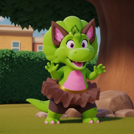 ((masterpiece, best quality, amazing quality,))  bopbwil, semi-anthro, female, dinosaur, green skin, green hair tuft, purple eyes, solo, outside, full body, wolf ears, brown tutu, brown bike shorts, hands up, howling at moon
