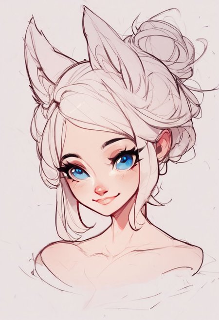 score_9, score_8_up, score_8, medium breasts, (curvy), cute, eyelashes, white hair, wolf ears, blue eyes, sketch,single hair bun, collarbone, 
upper body, outdoors  smile,